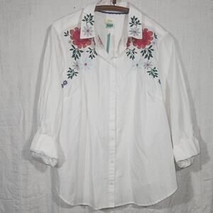 MMAEVE for ANTHROPOLOGIE sz 22W Embroidered Floral White Buttondown Blouse Shirt